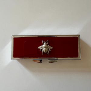 Antiqued Silver Bee Pill Box: Hand Painted Red Resin, Travel Accessory