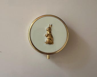Mint Green Pill Box: Brass Bunny Rabbit, Handcrafted Medicine Organizer