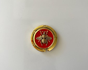 Bee Bag Hook: Gold Foldable Purse Hanger with Honeybee on Red Resin