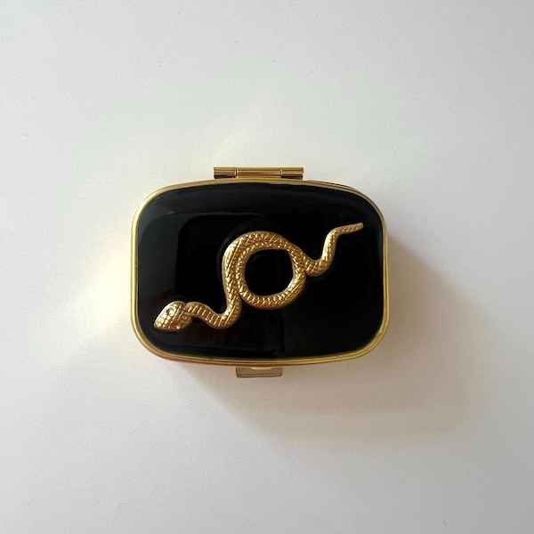 Gold Serpent Pill Box: Black Resin & Brass Travel Organizer