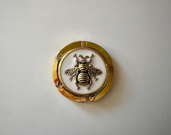 Bee Bag Hook: Gold Foldable Purse Hanger with Honeybee on White Resin
