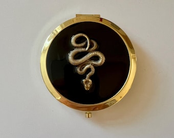 Brass Serpent Pocket Mirror: Black Resin Compact Mirror