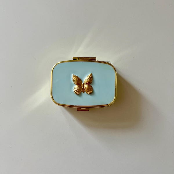 Brass Butterfly Pill Box: light Blue Resin Medicine Storage Case with Mirror