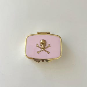 Brass Skull Pill Box: Pink Jolly Roger Compact Mirror Case