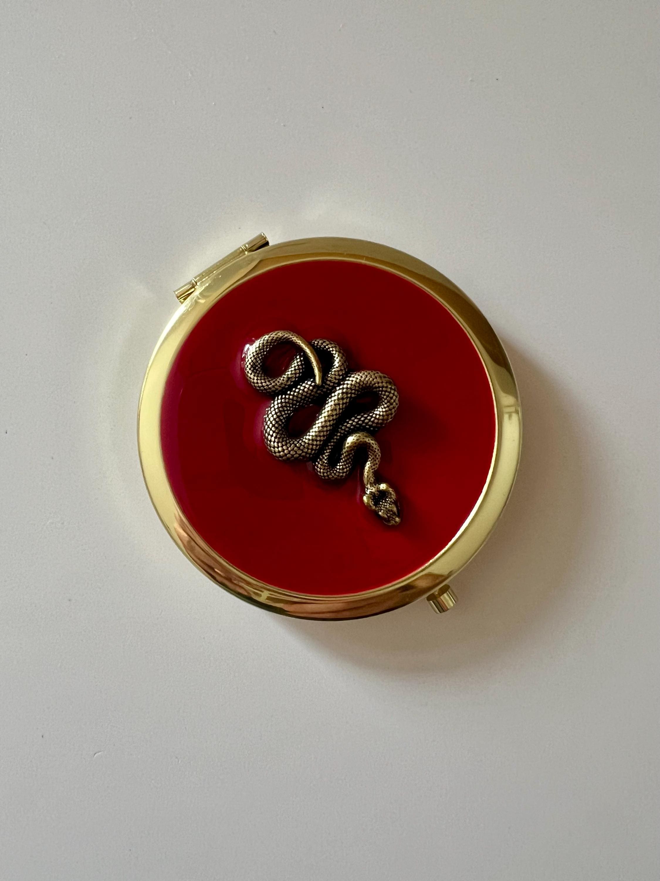 Brass Serpent Pocket Mirror: Red Resin Compact, Stylish Accessory