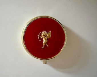 Handcrafted Pill Box, Cupid Cherub, Red Resin, Travel Medicine Case
