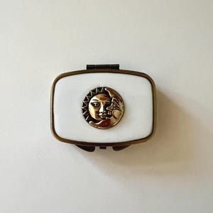 Celestial Pill Case: Brass Sun & Moon, White Resin, Two Compartments