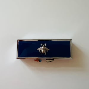 Silver Bee Pill Box: Hand Painted Navy Resin Medicine Storage Travel Case