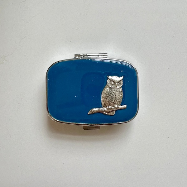 Pillbox with silver owl set on a glossy blue resin background, hand crafted gift for mom, teacher, tooth fairy, trinket box