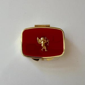 Red Glossy Resin Pill Box, Gold Cupid Cherub, Kawaii Travel Case