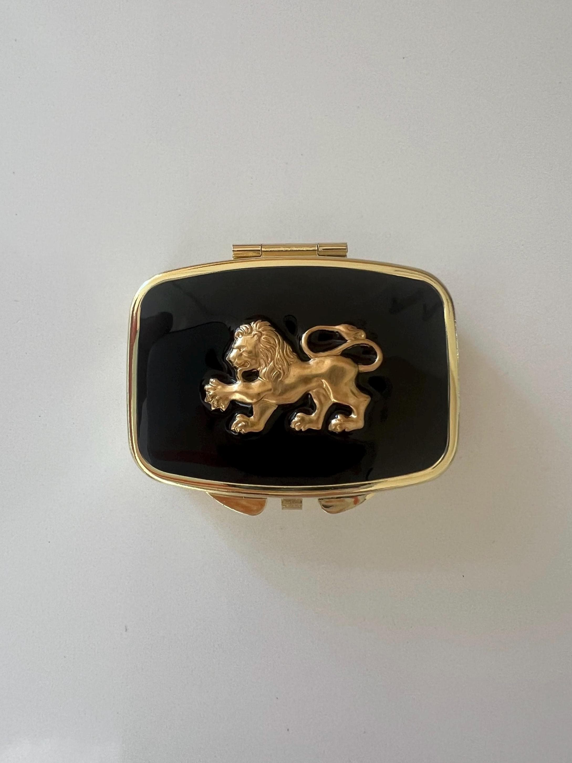 Brass Lion Pill Box, Black Resin, Travel Keepsake