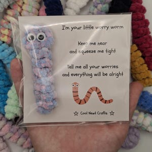 May include: A handmade worry worm in a clear plastic sleeve. The worm is blue and pink with googly eyes. The card reads "I'm your little worry worm" and "Cool Newt Crafts".