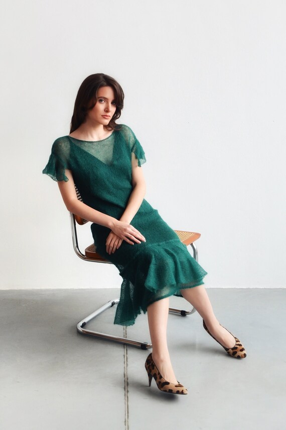 Ruffle Knitted Mohair Dress in Forest Green/custom-made