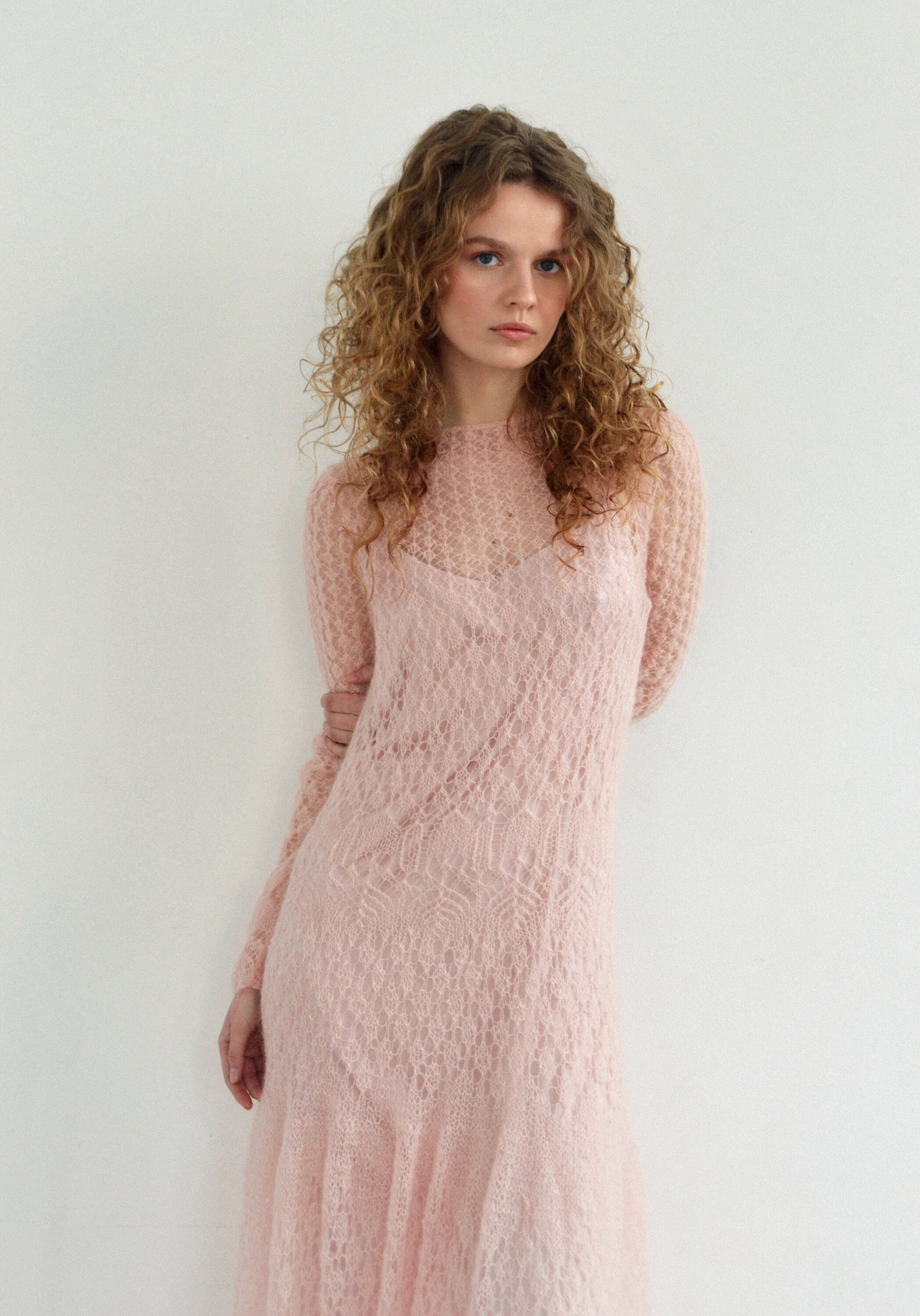 Knitted Mohair Dress in Pink With Volume Skirt/custom-made