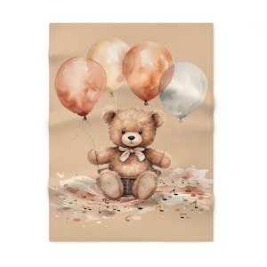 Teddy Bear, Music, Soft Fleece, Baby Blanket, Balloons, Baby Shower, Neutral