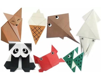 May include: A set of seven origami animals, including a fox, ice cream cone, stingray, octopus, panda, crab, and fish. The animals are made of paper in various colors, including brown, white, beige, gray, black, red, and green.