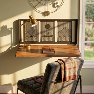 May include: A wall-mounted wooden desk featuring a dark metal back panel with a laser-cut design of mountains, a boat, and a sun. A gold-toned desk lamp and a brown leather-bound notebook sit on the desk surface, positioned above a dark gray chair.