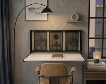 Foldable Wall Mounted Desk with Laser Cut Metal Art Panel | RV Camper Table | Space Saving Home Office Furniture