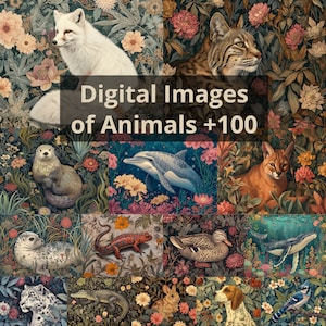 Set di oltre 110 dipinti digitali di animali William Morris, fiori, natura, dipinti classici, arte digitale, download immediato, album di carta stampabile