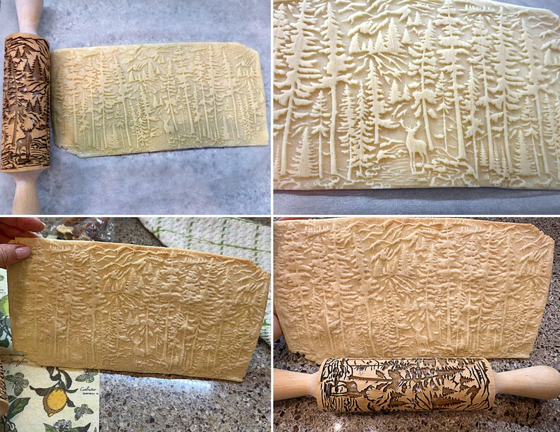 clay stamp, embossed rolling pin deer in mountain pine  forest