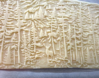 Rolling Pin Deer in Mountain Pine Forest for Clay Embossing, Ceramic Tool, Pottery Stamp, Engraved Embossed Rolling Pin for Pie Crust