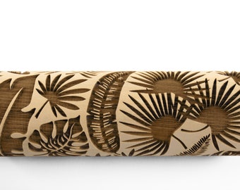 Rolling Pin for Clay Embossing, Palm Leaves, Monstera Rainforest Texture Pottery Stamp, Engraved Embossed Rolling Pin for Christmas Cookies