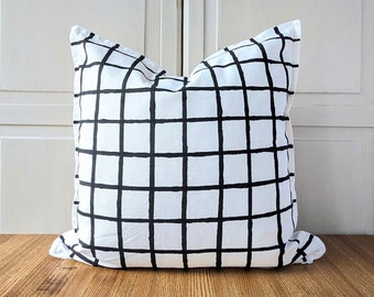 Hand-Painted Pillow Cover • Decorative Pillow • Spring Pillow • Swedish Design • Scandinavian Design • Handmade • Chequered /Black Chequered