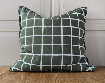 Hand-Painted Pillow Cover • Decorative Pillow • Spring Pillow • Swedish Design • Scandinavian Design • Handmade • Green / Green Chequered