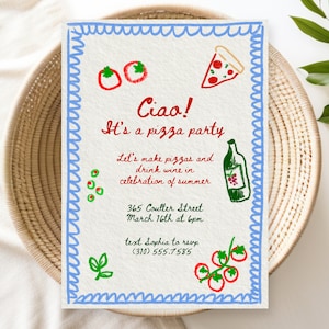 Desenhado à mão - modelo de convite de festa digital ilustrado com rabisco | Tema de festa pizza | Tema Italiano de Molho Vermelho | Modelo Editável do Canva