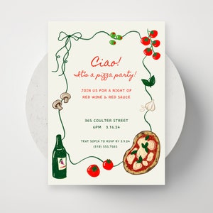 Modello di invito a una festa digitale disegnato a mano / Tema pizza party / Tema italiano salsa rossa / Modello Canva modificabile