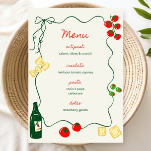 Handgezeichnete digitale Party Menü Vorlage | Thema Pasta Party | Rote Soße Italienisches Thema | Bearbeitbare Canva Vorlage