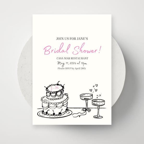 Champagne and Cake Illustrated Bridal Shower Invitation Template | Editable in Canva | Hand Drawn | Girly Bow and Retro Cake