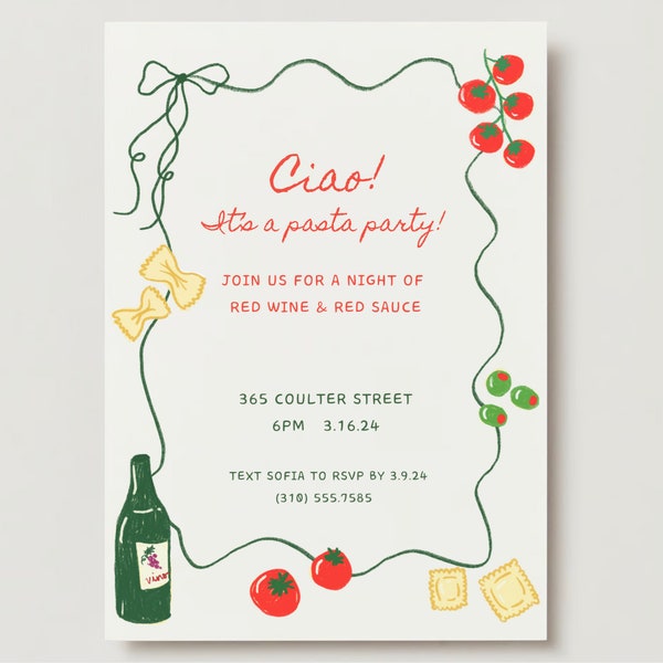 Hand-Drawn Digital Party Invitation Template | Pasta Party Theme | Red Sauce Italian Theme | Editable Canva Template