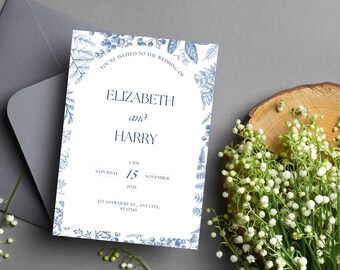 Blue Simple Minimalist Floral Typography Wedding Invitation | Flower Wedding Invitation Template | Vintage Blue Flowers Wedding Invitation