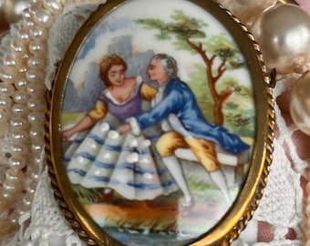 Gorgeous antique BIG hand painted French Limoges romantic couple  SIGNED Brooch 1920&#39;s gift for her