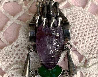 Beautifull 1970&#39;s sterling silver necklace with pendant from LOS CASTILLO 925 silver mexico amethyst malachite
