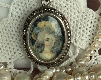 French antique Silver photo locket medallion marked pendant handpainted miniature Marie Antoinette picture holder gift for her mothers Day.