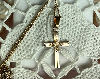 Beautiful rare find vintage German 1950&#39;s high-quality rolled gold cross crucifix with chain amerik K&L Kordes  Lichtenfels fully hallmarked
