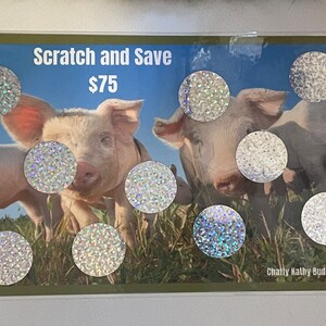 May include: A scratch-off card with two piglets in a field. The card says "Scratch and Save $75" and "Chatty Kathy Budgets".
