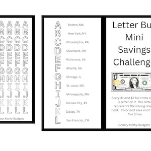May include: A black and white image with a chart of letters A through L and a US dollar bill. The text "Letter Bux Mini Savings Challenge" is at the top of the image. The text "Every $1 and $2 bill in the US has a letter on it. This letter represents the issuing reserve bank. Color and save each letter five times." is below the dollar bill. The text "Chatty Kathy Budgets" is at the bottom of the image.