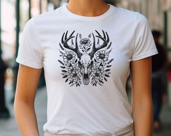 Gothic Style Schädel & Floral T-Shirt, Gothic Kleidung