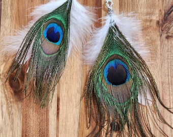 Peacock natural feather ear rings featherlight  6" dangle- Mother's Day gift idea