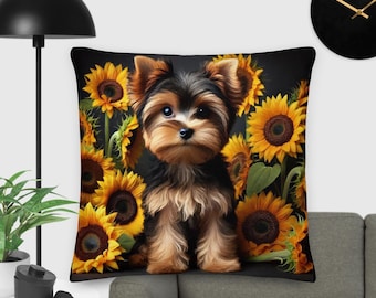 Almohada premium con diseño de girasol de Yorkshire Terrier