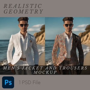 May include: A mockup of a white jacket and matching trousers, and a patterned jacket and matching trousers. The model is wearing sunglasses and standing on a beach.