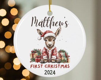 Personalized First Christmas Ornament ~ Customizable Name, Year & Text ~ Baby&#39;s First Christmas 2024 Keepsake ~ Cow, Goat, Chicken, Donkey