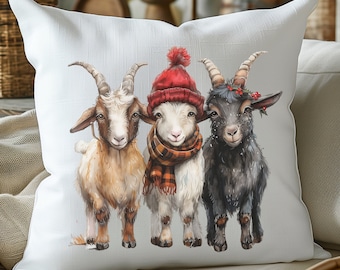 Christmas Farm House Decor | Christmas Decor Home Decoration | Housewarming Cottagecore Gift for Goat Lovers | Spun Polyester Square Pillow