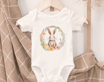 Schattige paasbabybody, konijntjesbloemenkransdecor, 100% biologisch katoen, paaslente romper body aquarel