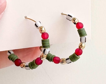 Beaded Christmas Hoop Earrings: Red Green Holiday Style