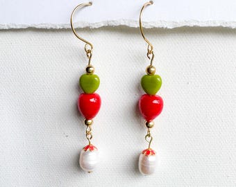 Cherry Red & Green Bead Earrings | Pearl Drop Dangles