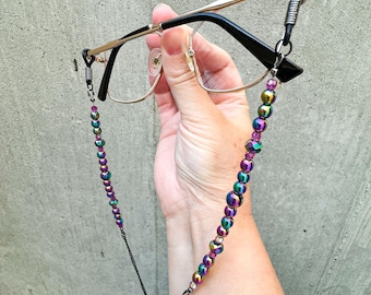 Rainbow Glass Beaded Eyeglass Chain: Goth Halloween Glasses Holder